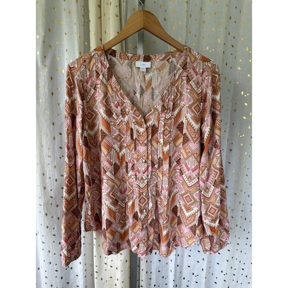 J Jill Pintuck Southwest Sunset Colors Patchwork Button Down Tunic Top Petite M - Picture 3 of 10